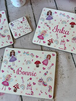 Kids Personalised Fairy And Unicorn Placemat, Coaster And Mug Dinner Set, 3 of 10