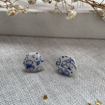 Blue Floral Ceramic Hexagon Earrings Vintage Blue, 6 of 11