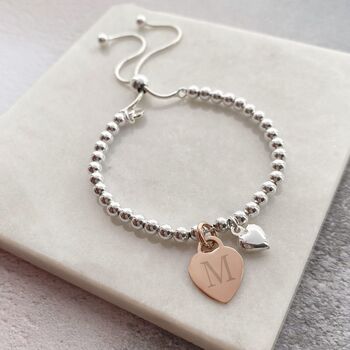 Silver Ball Slider Bracelet, Engraved Rose Gold Heart, 3 of 9