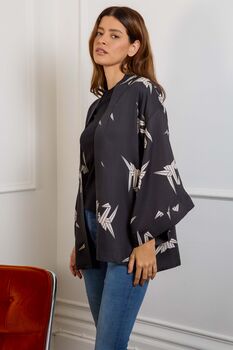 Japanese Origami Bird Print Black And Ivory Short Light Weight Kimono, 5 of 6