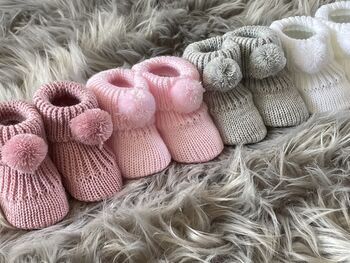 Pink Knitted Baby Booties With Pom Pom, 8 of 8