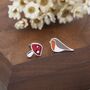 Mismatched Robin Bird And Mushroom Stud Earrings In Sterling Silver, thumbnail 7 of 12