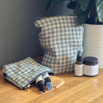 Sea Green Check Linen Makeup Bag, 2 of 3
