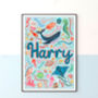 Personalised Blue Sea Life Name Print | Under The Sea Nursery Wall Art | Ocean Baby Gift, thumbnail 1 of 7