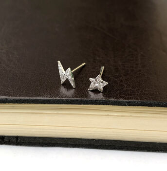 Sterling Silver Mini Textured Lightning Bolt And Star Mismatched Christmas Earrings, 9 of 11