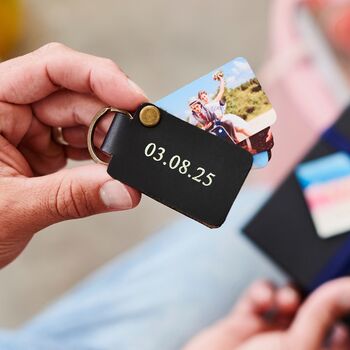 Personalised Leather Keyring For Mum With Four Metal Photo Cards With Hot Stamped Initials, Name Or Date, 2 of 6