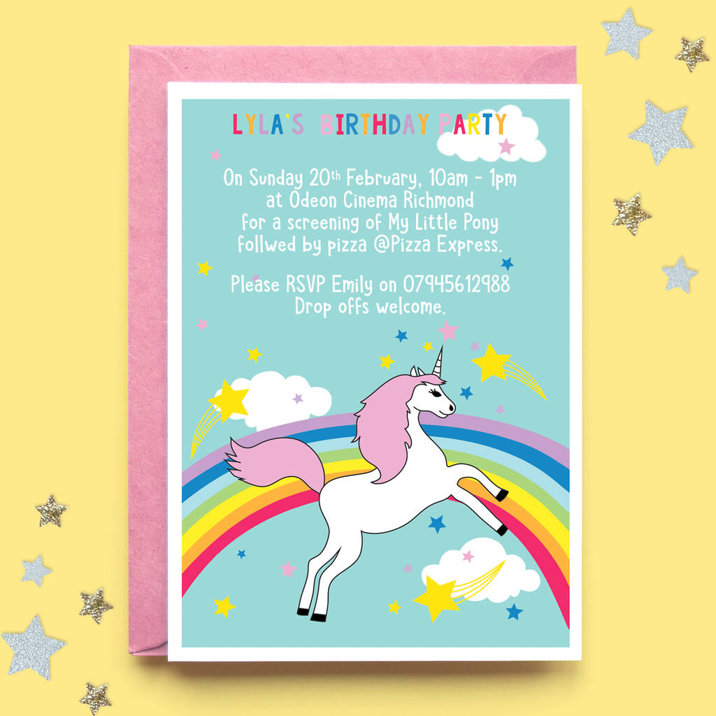 Rainbow Unicorn Personalised Birthday Party Invitations, 1 of 3