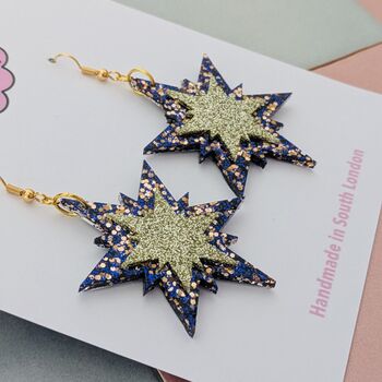 Blue And Gold Double Star Glitter Christmas Resin Earrings, 2 of 4