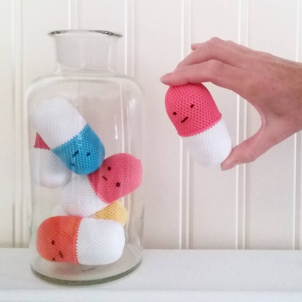 Crocheted Pill Rattle Science Soft Toy By Petit MushyP