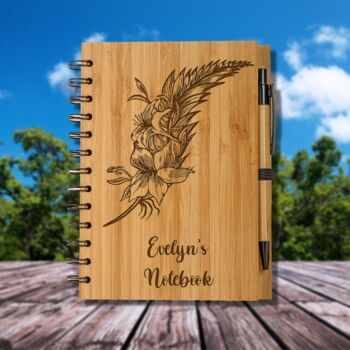 Personalised Eco Bamboo Floral Feather Notebook, 5 of 6