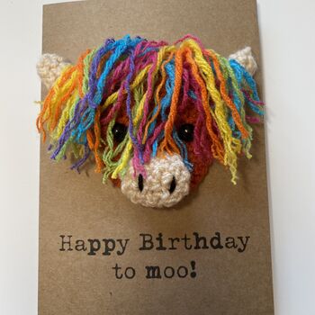 Rainbow Highland Cow Crochet Birthday Card Handmade Moo, 5 of 11