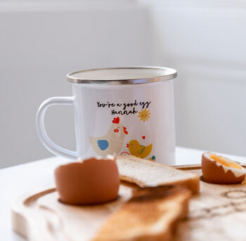 You’re A Good Egg Personalised Breakfast Enamel Mug, 4 of 6