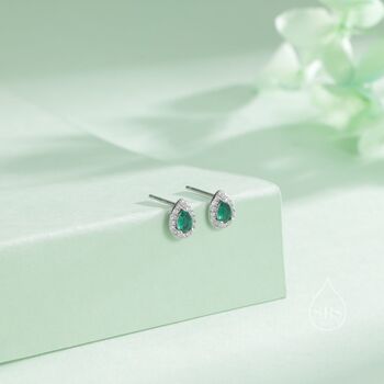 Tiny Emerald Green Droplet Cz Halo Stud Earrings, 4 of 11