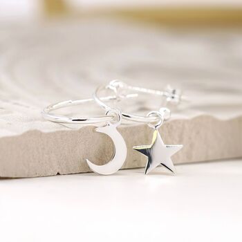 Sterling Silver Mismatched Moon And Star Hoop Earrings, 4 of 8
