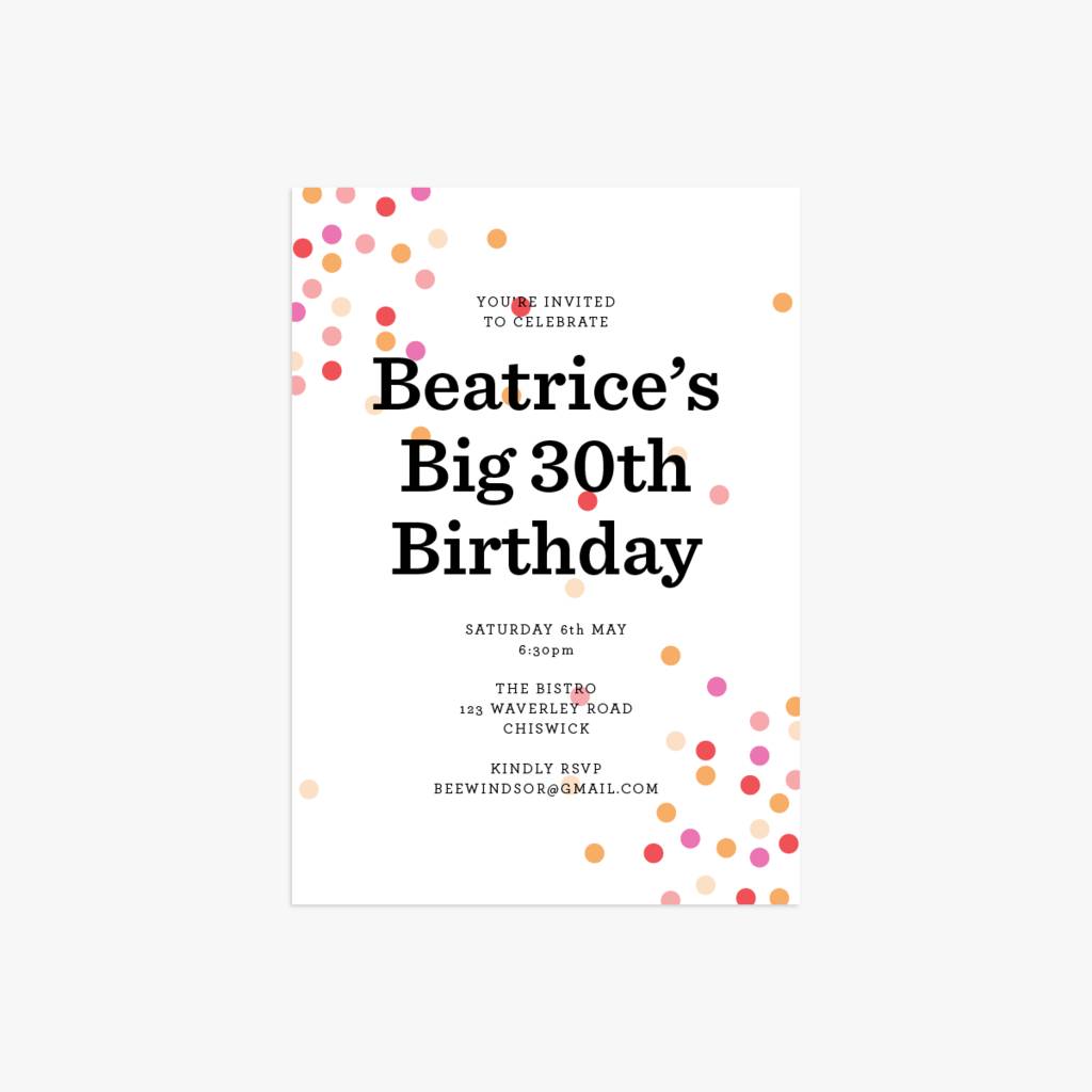 Image of 20 Confetti Personalised Birthday Party Invitations, Khaki/Pink/Orange