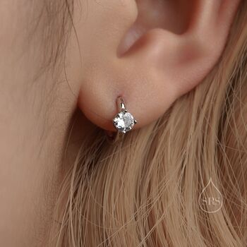 Sterling Silver Tiny Cz Solitaire Huggie Hoop, 2 of 10