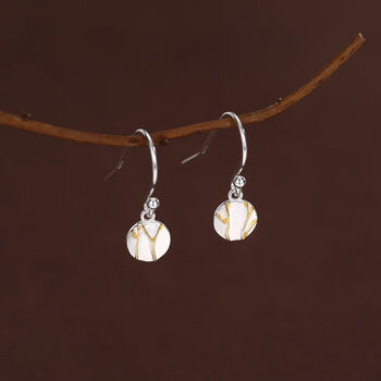 Sterling Silver Tiny Kintsugi Disk Drop Earrings, 2 of 11