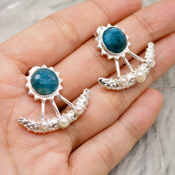 Blue Apatite Pearl Silver Earrings, 6 of 7