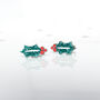 Laser Cut Green Glitter Christmas Holly Earrings Studs, thumbnail 1 of 3
