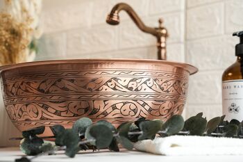 Engraved Matte Copper Vessel Sink With Drain Cap, 400 Mm Diameter, 8 of 8