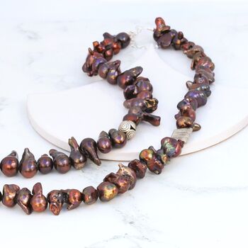 Dramatic Copper Brown Pearl Necklace With Focal Sterling Silver Bead, 5 of 12