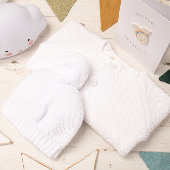 Luxury Cream Bobble Hat And Cardigan Baby Gift Set, 5 of 12