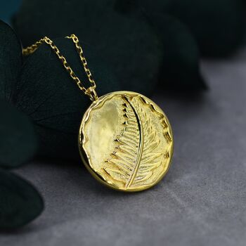 Sterling Silver Fern Leaf Round Disk Coin Pendant Necklace, 2 of 11