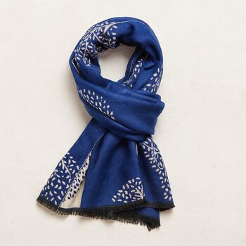 Navy Mulberry Tree Of Life Scarf And Magnetic Brooch, 3 of 5