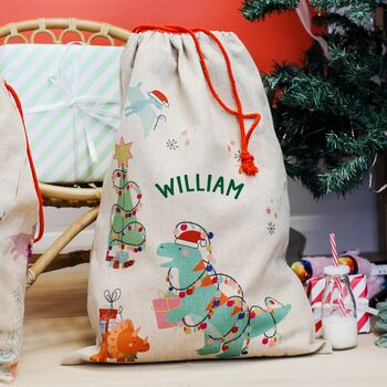 Personalised T Rex Dinosaur And Friends Christmas Sack, 2 of 3