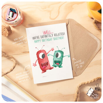 Funny Happy Birthday Brother Card, Cute Crazy Definitely Related Monsters From Sister Bro Sibling, 2 of 4