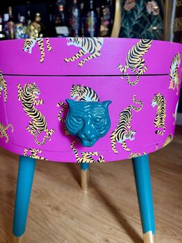 Pink Tiger Round Wooden Side Table With Drawer, 6 of 7