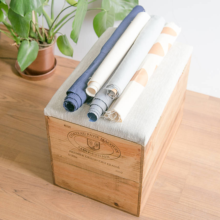 Custom Fabric Wooden Wine Crate Blanket Box By Made Anew