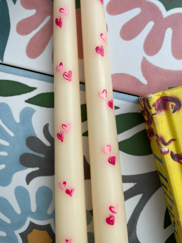Ivory Hand Painted Pair Of Pink Heart Taper Candles By Homemade Mummy