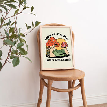 'Don't Be Stressin' Groovy Frog And Mushroom Print, 6 of 9