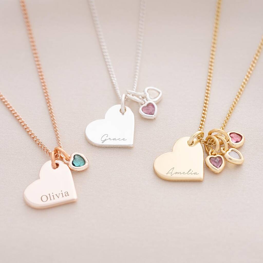 Heart Charm And Birthstone Personalised Name Necklace, 1 of 10