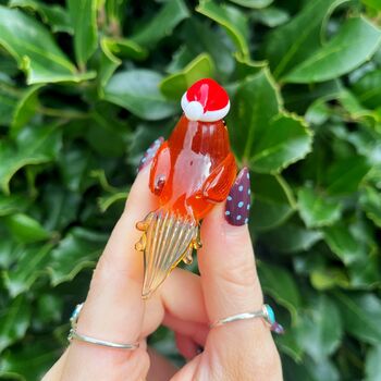 Hand Blown Tiny Glass Robin In Santa Hat, 3 of 5