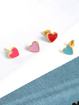 18 K Gold Vermeil Pink Enamel Love Heart Stud Earrings, 5 of 9