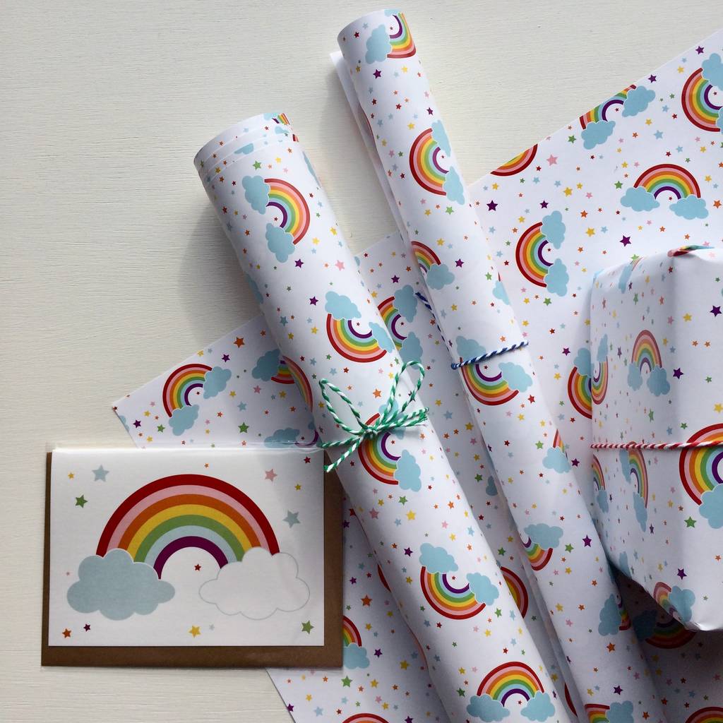 New Baby Boy Gift Wrapping Paper 1 Sheet & Matching Tag - Rainbow