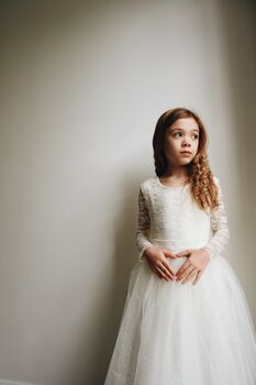 Long Sleeve Flower Girl Dress – Pearl Buttons And Tulle Skirt Ankle Length, Handmade UK, 4 of 8