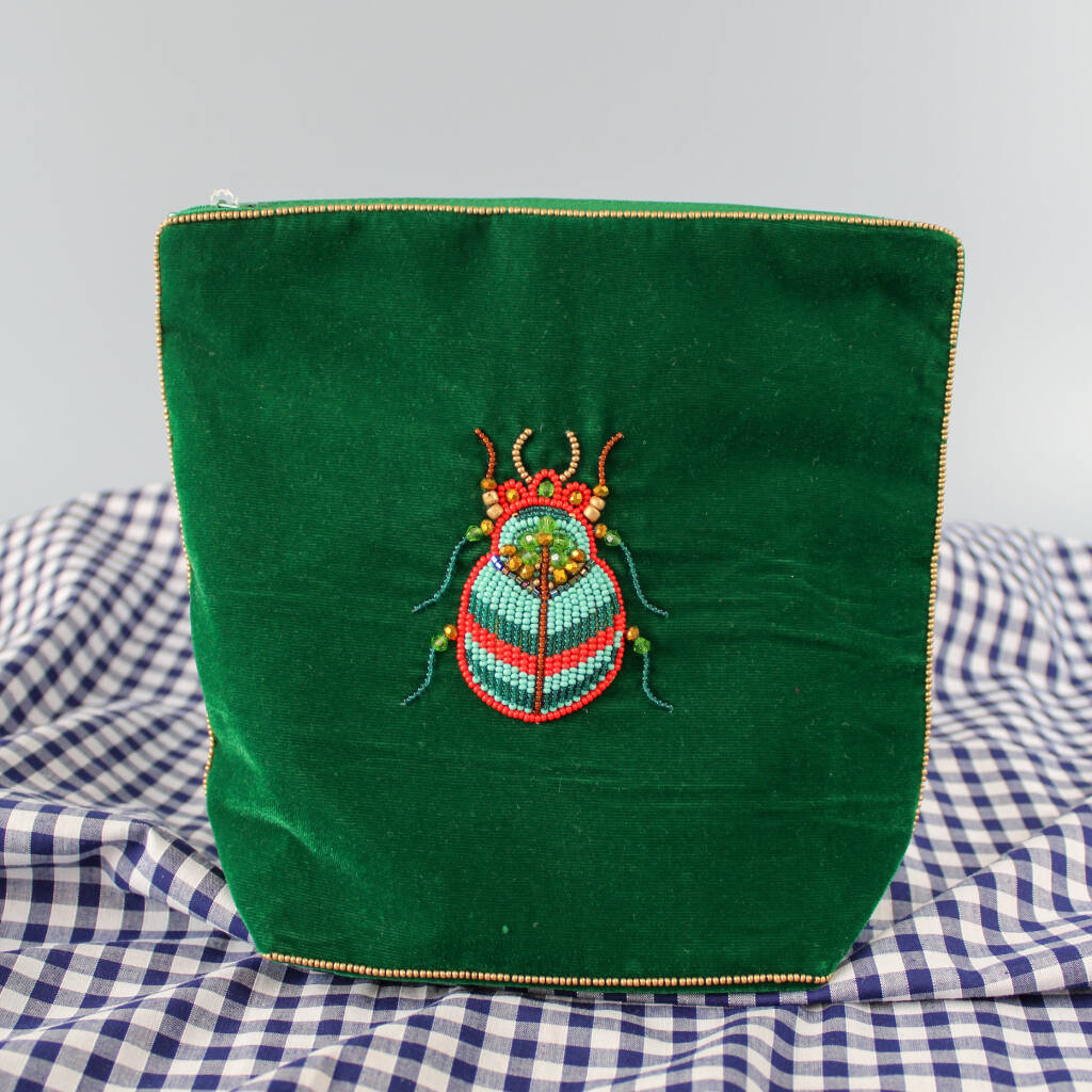 Forest Green Velvet Beetle Cosmetic Bag, 1 of 4