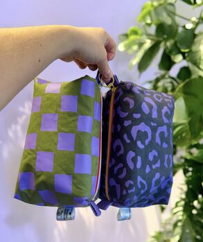 Handprinted Boxy Pouch Lilac And Green Checkered, 3 of 5