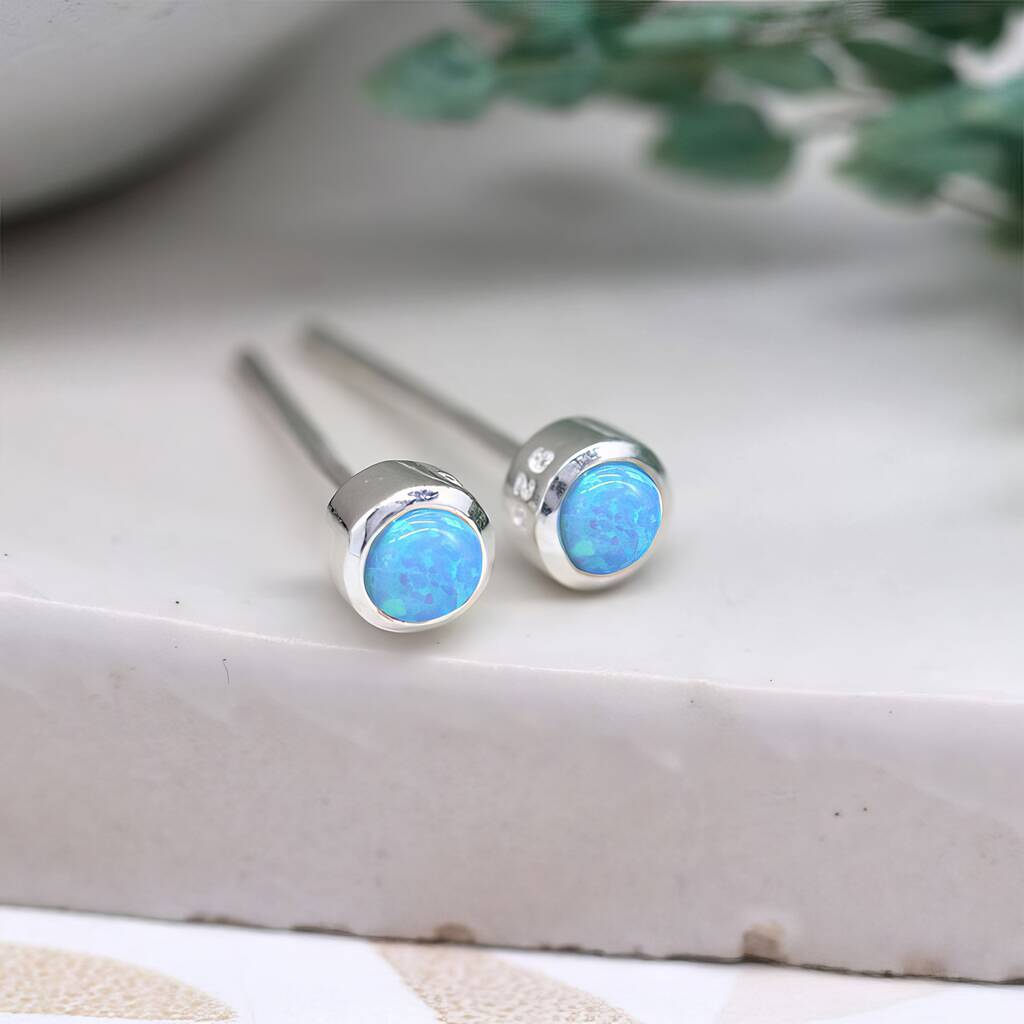 Mini Sterling Silver Blue Opal Stud Earrings, 1 of 8