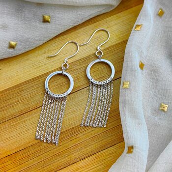 925 Silver Hollow Circle Chains Tassel Drop Earrings, 8 of 8
