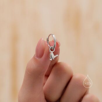 Sterling Silver Minimalist Robin Bird Dangle Huggie Hoops, 5 of 10