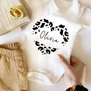 Personalised Leopard Print Heart Babygrow, 2 of 5