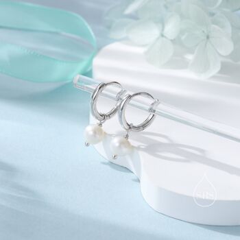 Sterling Silver Genuine Freshwater Pearl With Skinny Hoop Earrings, 3 of 11