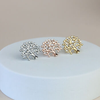 Family Tree Of Life Shiny Stud Earrings With Tiny White Crystal, 2 of 5