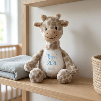 Personalised Born In 2026 Giraffe Teddy Bear 34cm – New Baby, Christening Or 1st Birthday Gift, 3 of 9