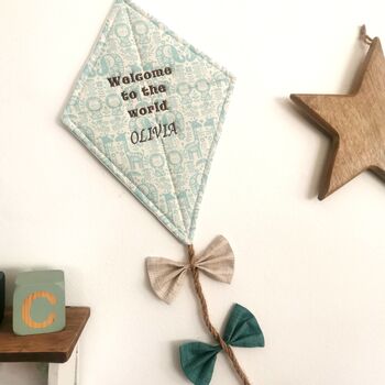 Welcome To The World, Hanging Fabric Kite, Turquoise Cotton With Baby Animal Print And Four Fabric Bows, 8 of 11