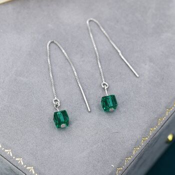 Sterling Silver Green Cz Cube Threader Earrings, 3 of 10